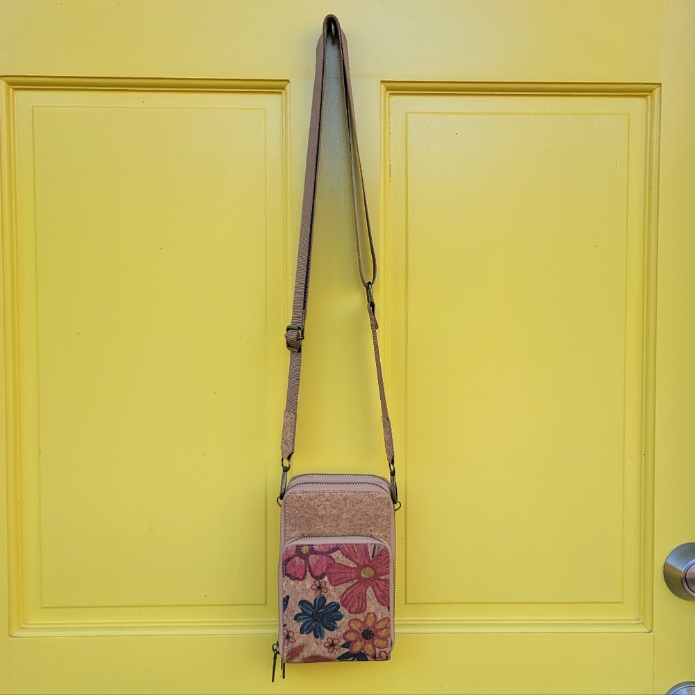 Cork Floral Triple Zip Crossbody Bag Adjustable Canvas Strap